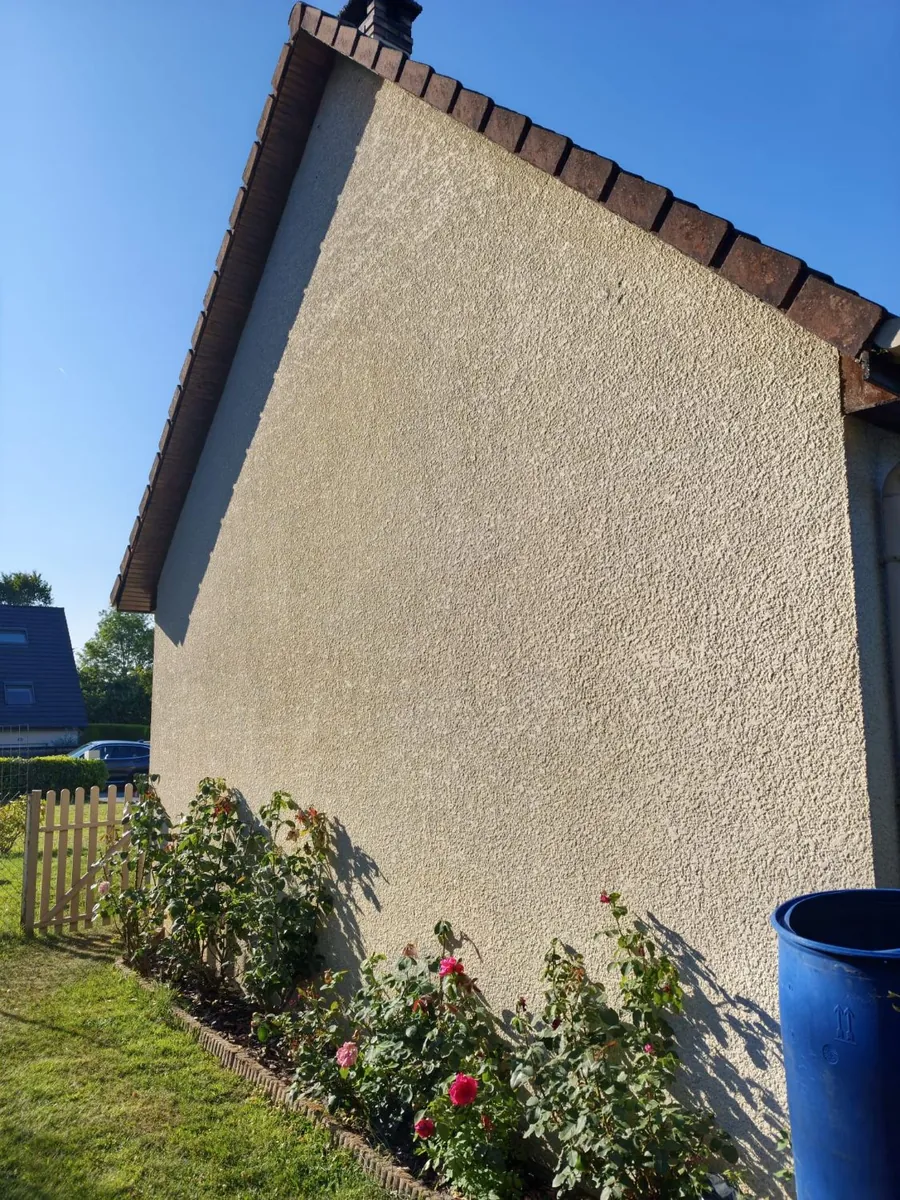 Façade en crépi verdie par les algues avant nettoyage par drone en Normandie
